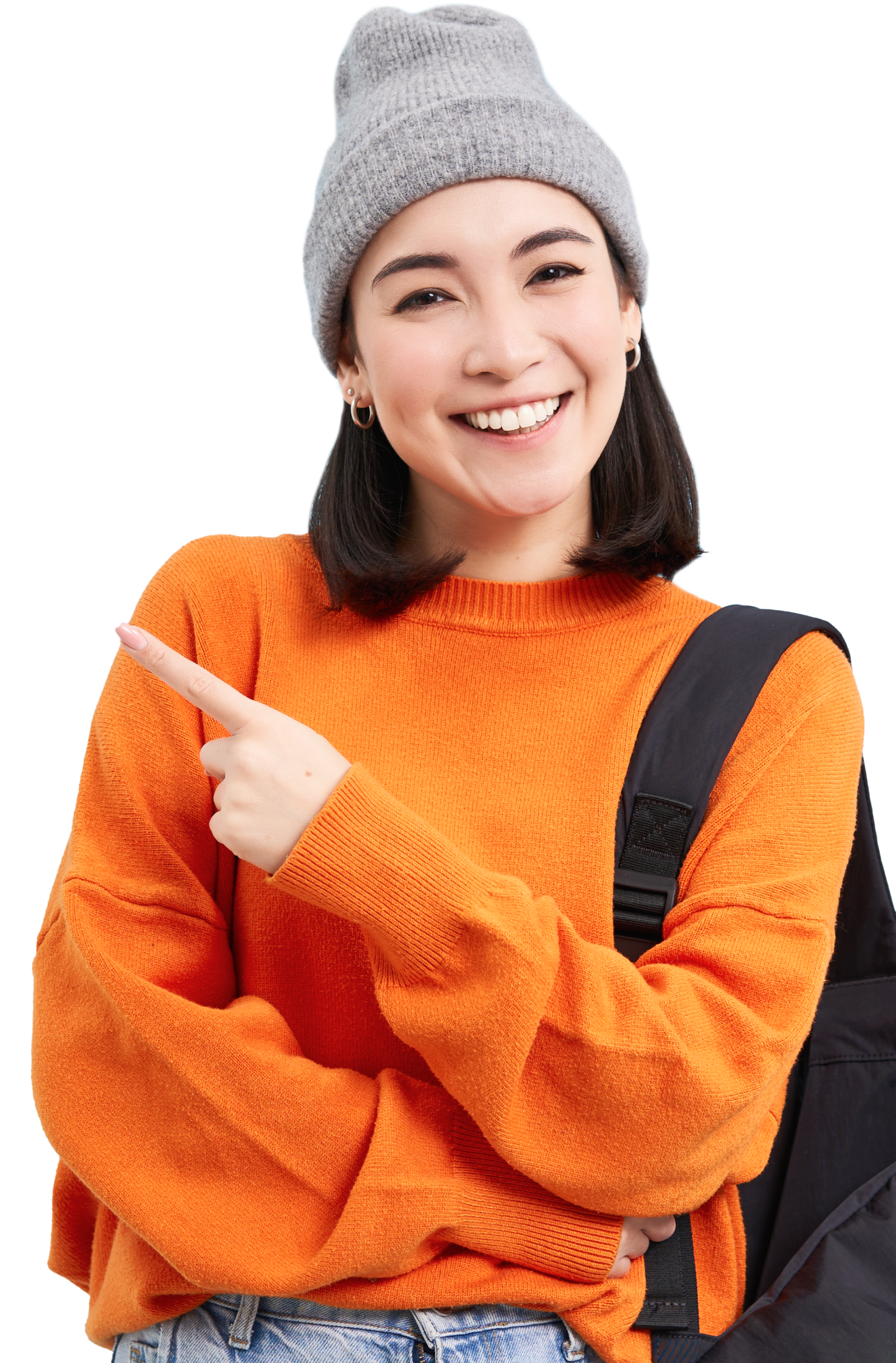 stylish-korean-woman-hat-holds-backpack-points-finger-advertisement-shows-promo-offer-banner-s 1